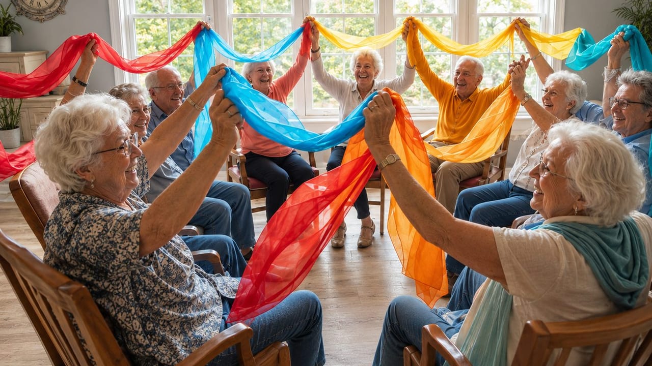 Skupina seniorů sedí v kruhu na židlích a společně drží barevné šátky nad hlavami